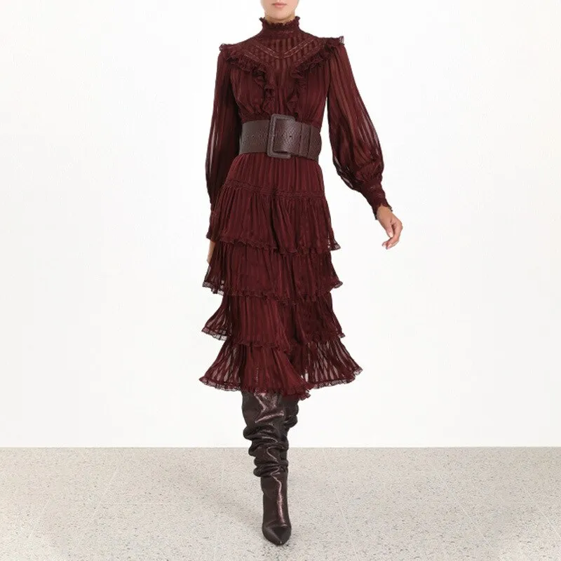 Elegant vintage ruffles puff sleeve women dress