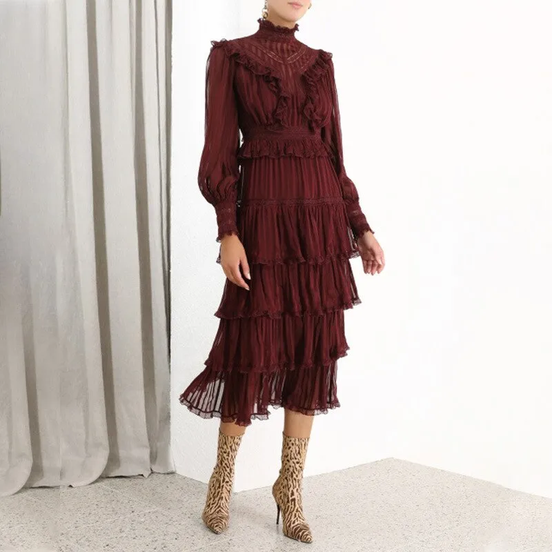 Elegant vintage ruffles puff sleeve women dress