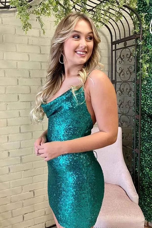 Emerald Green Sequins Sheath Cowl Neck Tight Short Homecoming Dresses, MH570