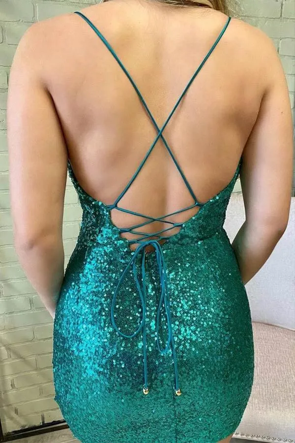 Emerald Green Sequins Sheath Cowl Neck Tight Short Homecoming Dresses, MH570