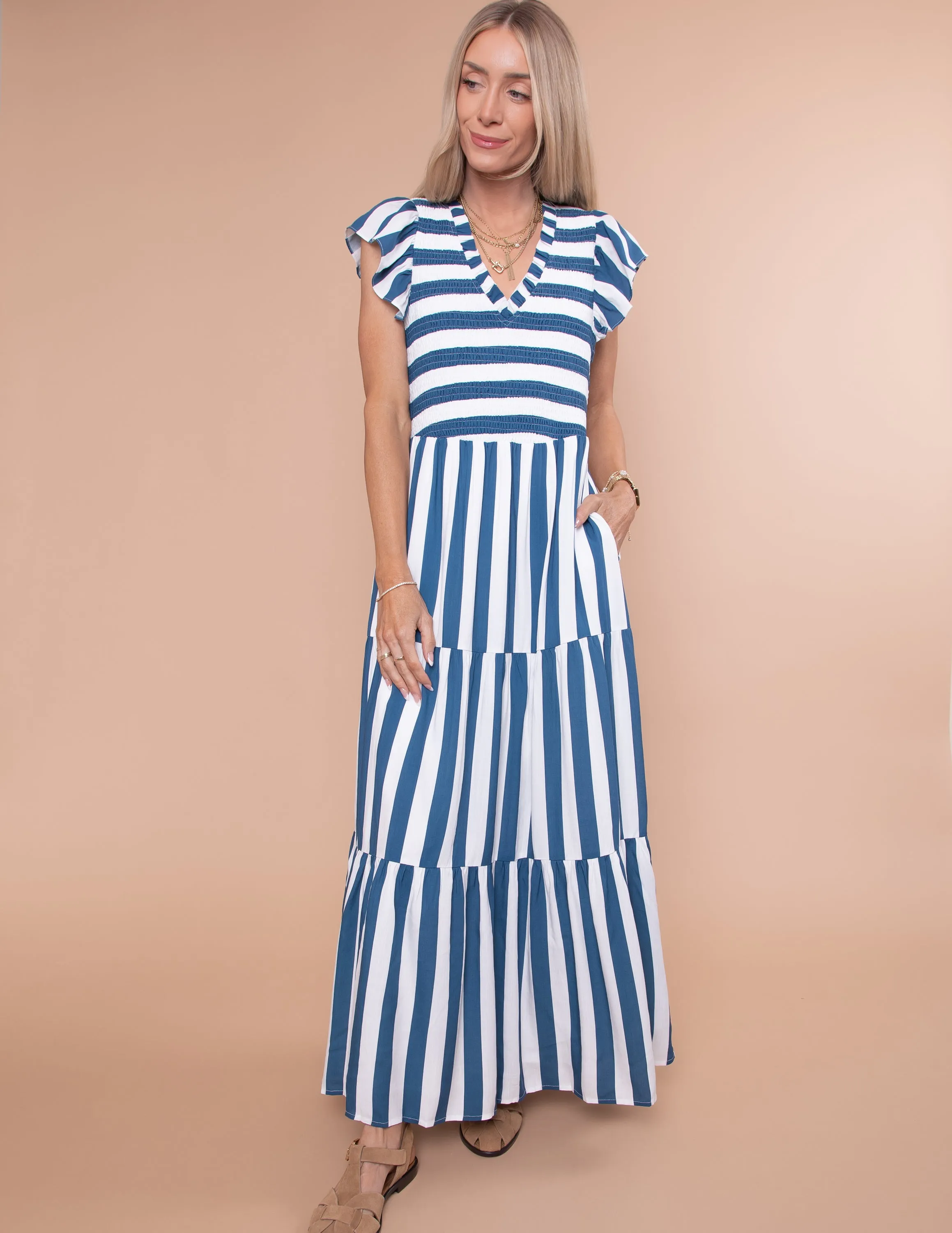 Emerly Striped Tiered Midi Dress