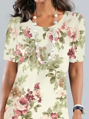 Ensley - Elegant loose floral midi dress for garden party with round neckline