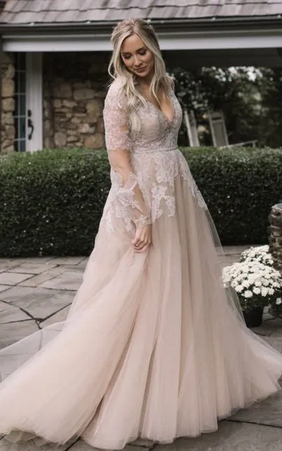 Ethereal Floor-length Train Long Sleeve Lace A Line Wedding Dress with Appliques-716289