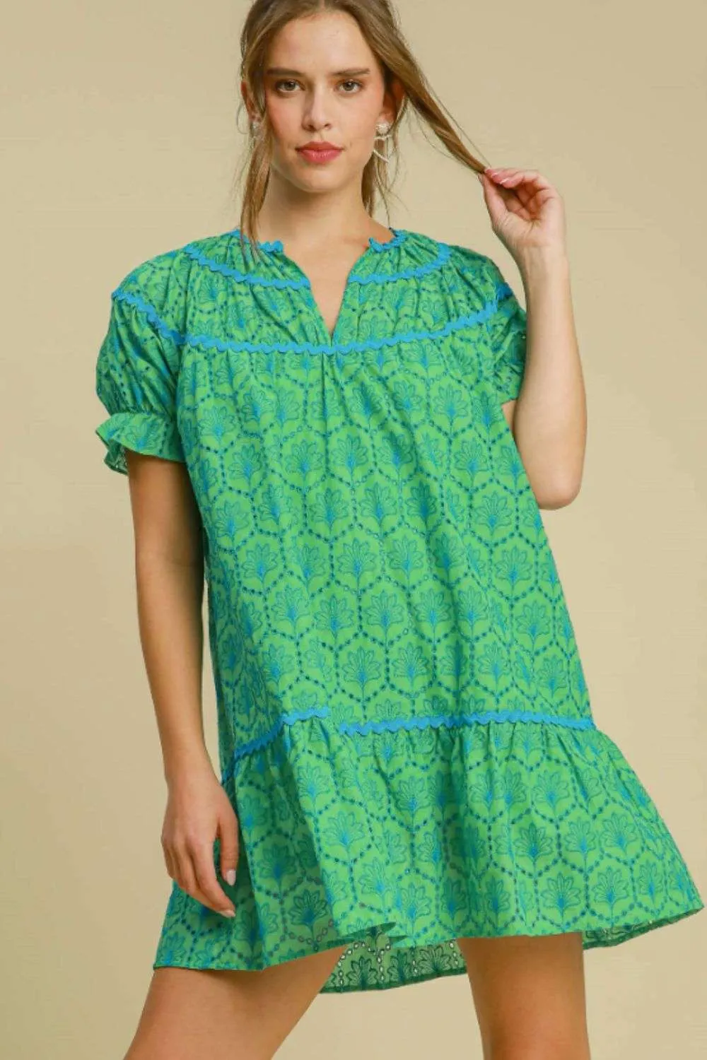 Eyelet Mini Dress With Ric Rac Trim Plus Size Available