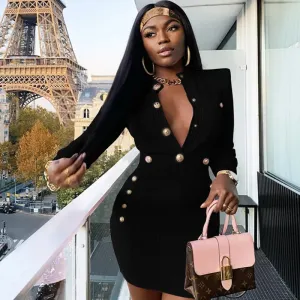 Fall Winter Sexy Long Sleeve Mini Dress Key Hole Button Women's Bodycon Bandage Clubwear Party Dress