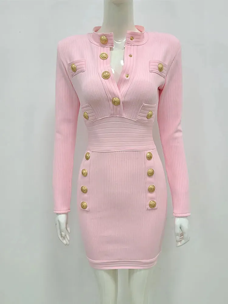 Fall Winter Sexy Long Sleeve Mini Dress Key Hole Button Women's Bodycon Bandage Clubwear Party Dress