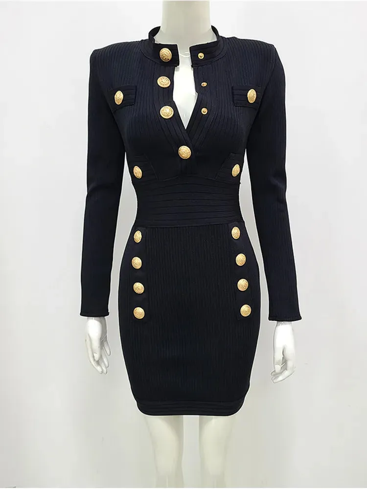 Fall Winter Sexy Long Sleeve Mini Dress Key Hole Button Women's Bodycon Bandage Clubwear Party Dress