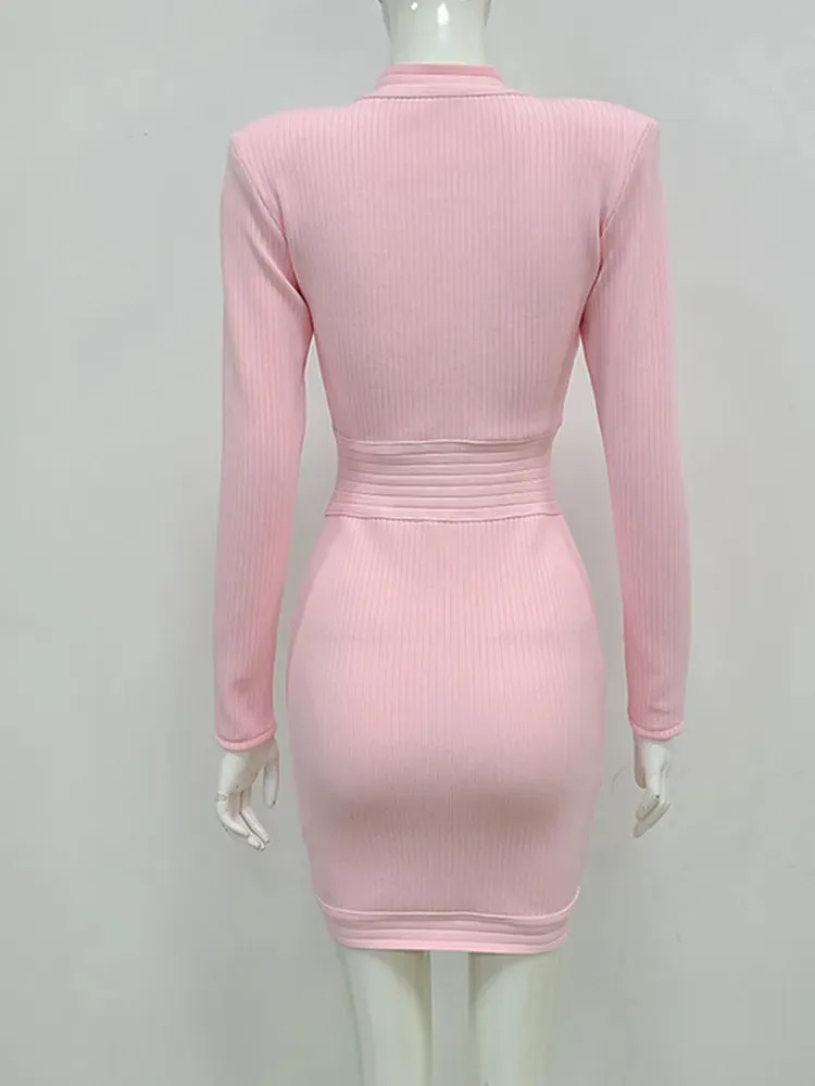 Fall Winter Sexy Long Sleeve Mini Dress Key Hole Button Women's Bodycon Bandage Clubwear Party Dress