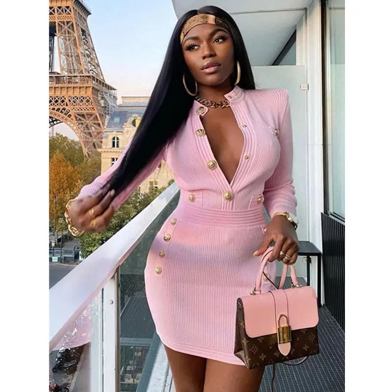 Fall Winter Sexy Long Sleeve Mini Dress Key Hole Button Women's Bodycon Bandage Clubwear Party Dress
