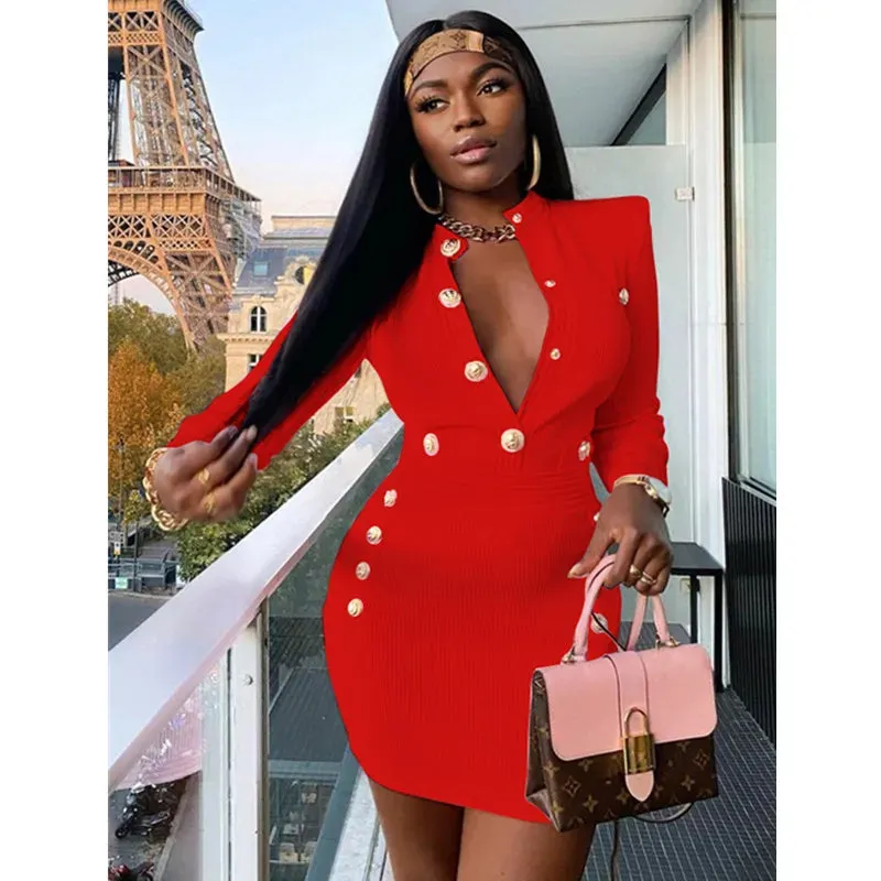 Fall Winter Sexy Long Sleeve Mini Dress Key Hole Button Women's Bodycon Bandage Clubwear Party Dress