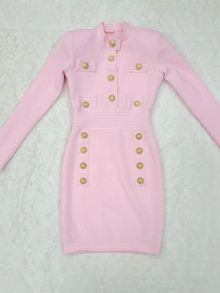 Fall Winter Sexy Long Sleeve Mini Dress Key Hole Button Women's Bodycon Bandage Clubwear Party Dress