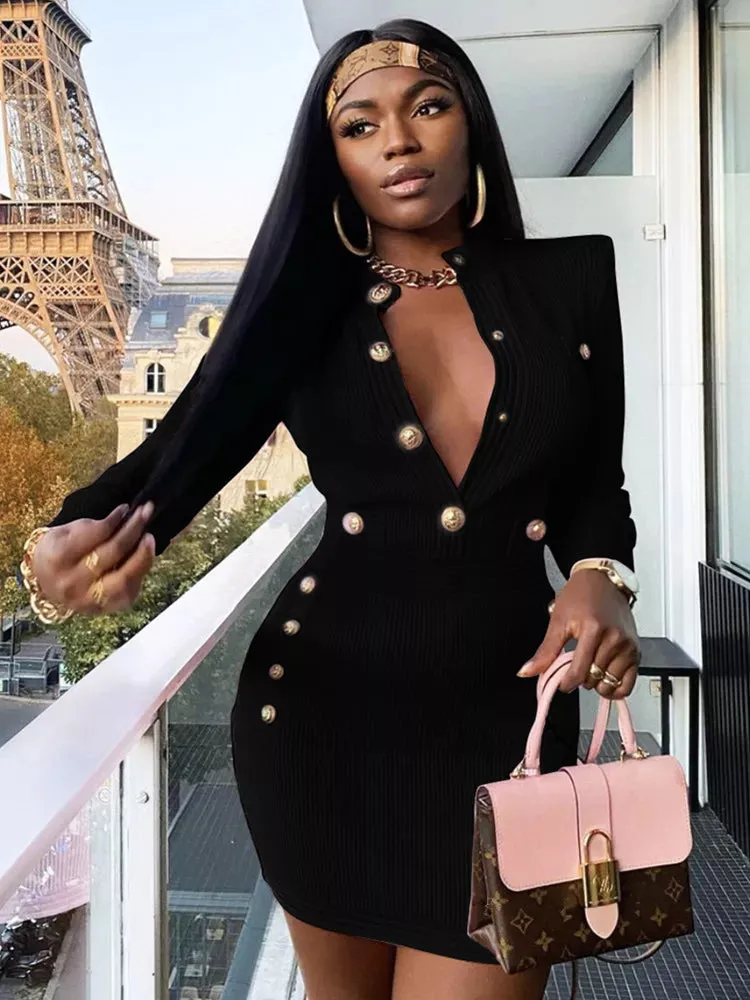 Fall Winter Sexy Long Sleeve Mini Dress Key Hole Button Women's Bodycon Bandage Clubwear Party Dress