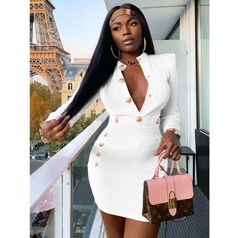Fall Winter Sexy Long Sleeve Mini Dress Key Hole Button Women's Bodycon Bandage Clubwear Party Dress