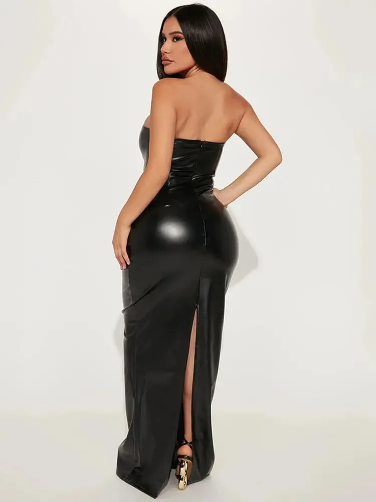 Faux Leather Strapless Floor Length Maxi Dress