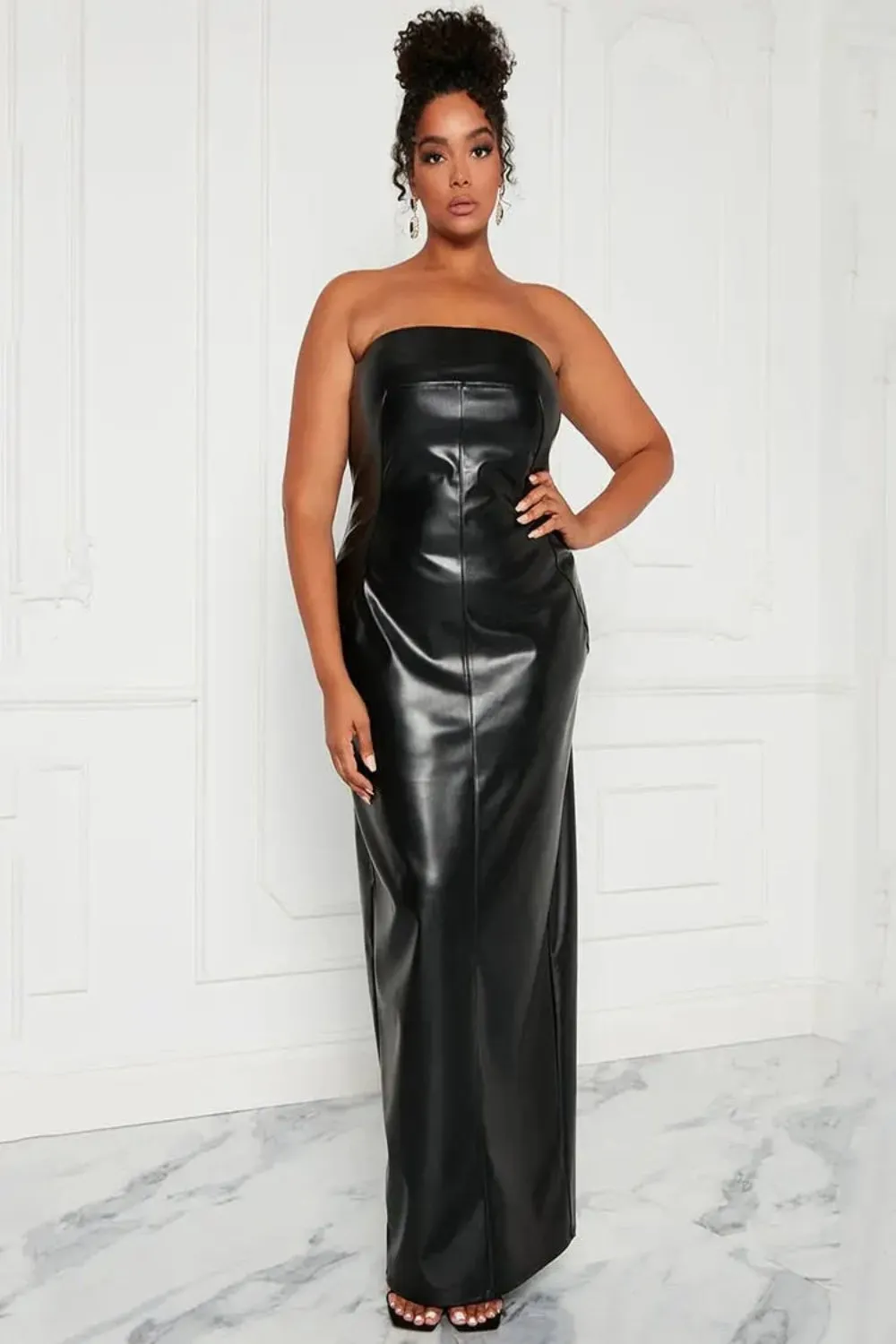 Faux Leather Strapless Floor Length Maxi Dress