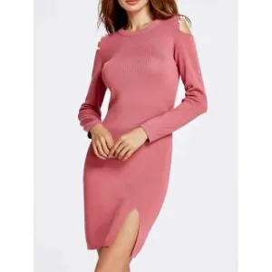 Faux Pearl Embellished Cold Shoulder Jumper Dress - Pink One Size