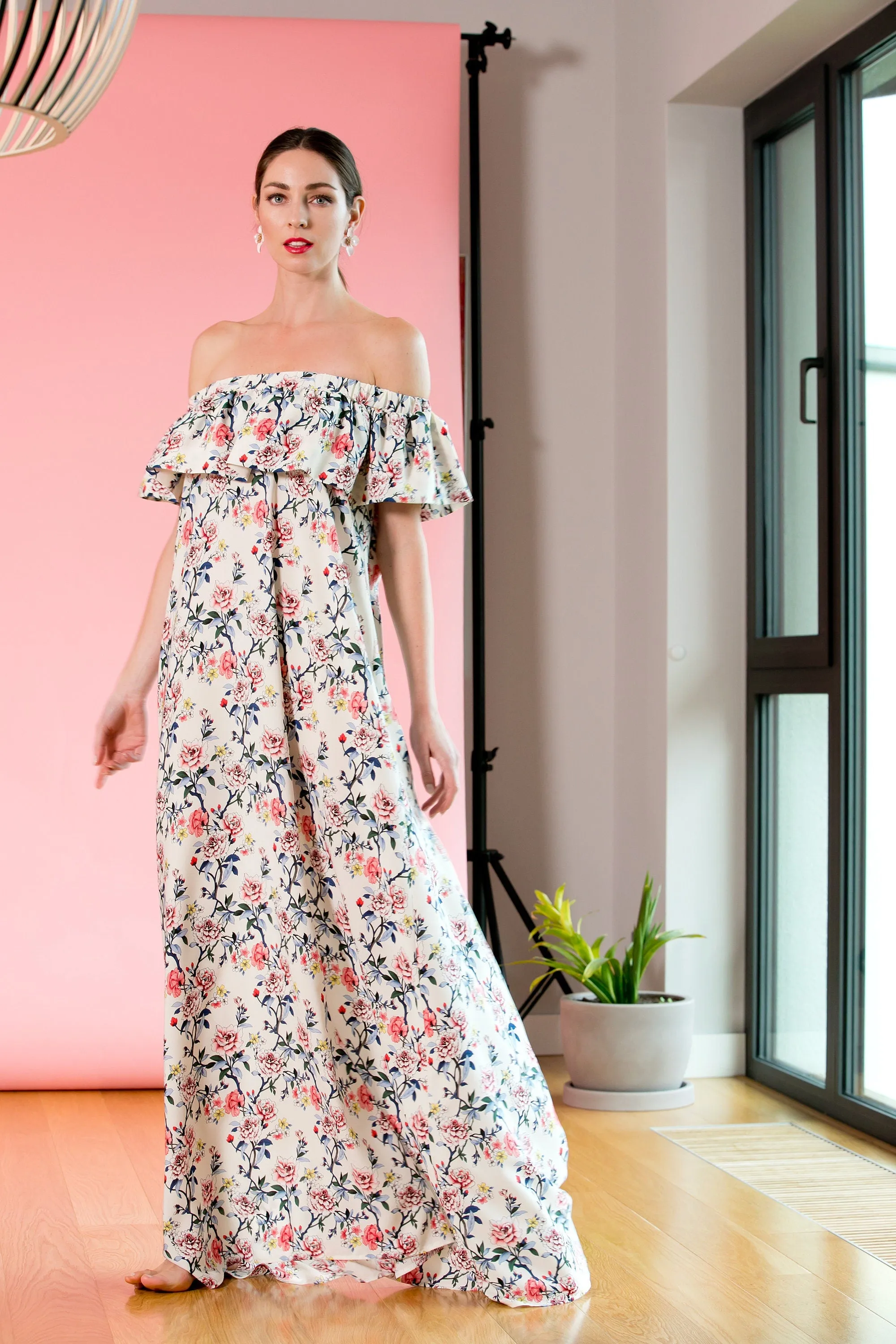 Floral Bohemian Maxi Long Summer Dress Open/Off Shoulders / Boho Wedding Bridesmaids Dress / Plus Size Loose Fit Maternity Dress Pregnancy