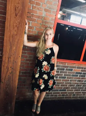 Floral Print Halter Dress - Black