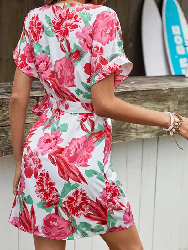 Floral Print Wrap Dress with V-Neck and Short Sleeves