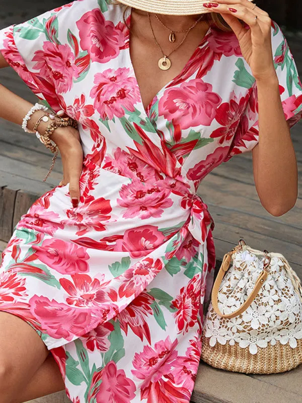 Floral Print Wrap Dress with V-Neck and Short Sleeves