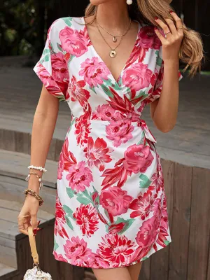 Floral Print Wrap Dress with V-Neck and Short Sleeves