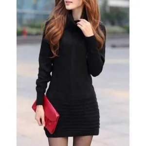Fshionable Turtle Neck Solid Color Thicken Long Sleeve Women's Sweater Dress - Black One Size(fit Size Xs To M)