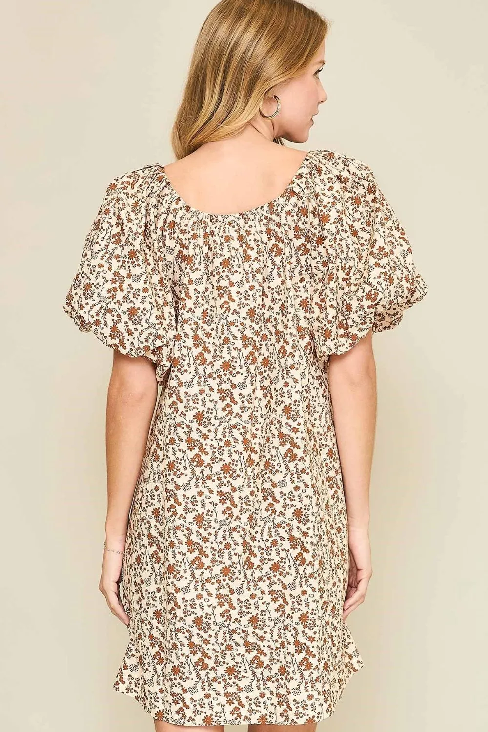 Full Size Lace Tape Drawstring Floral Puff Sleeve Mini Dress Plus Size Available