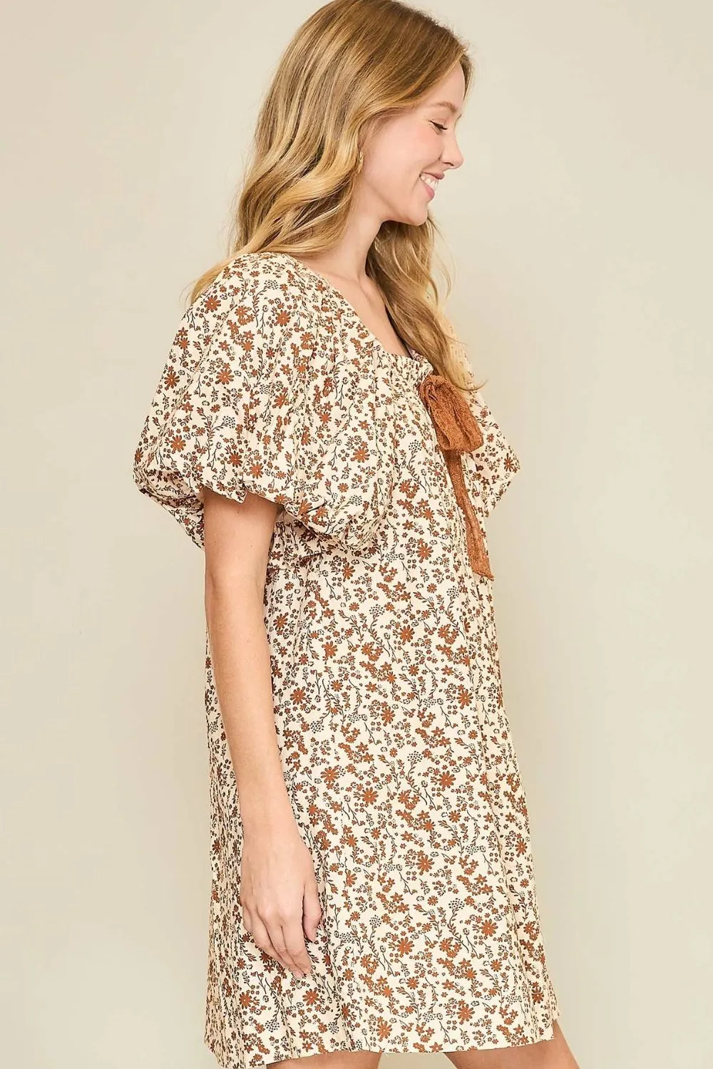 Full Size Lace Tape Drawstring Floral Puff Sleeve Mini Dress Plus Size Available