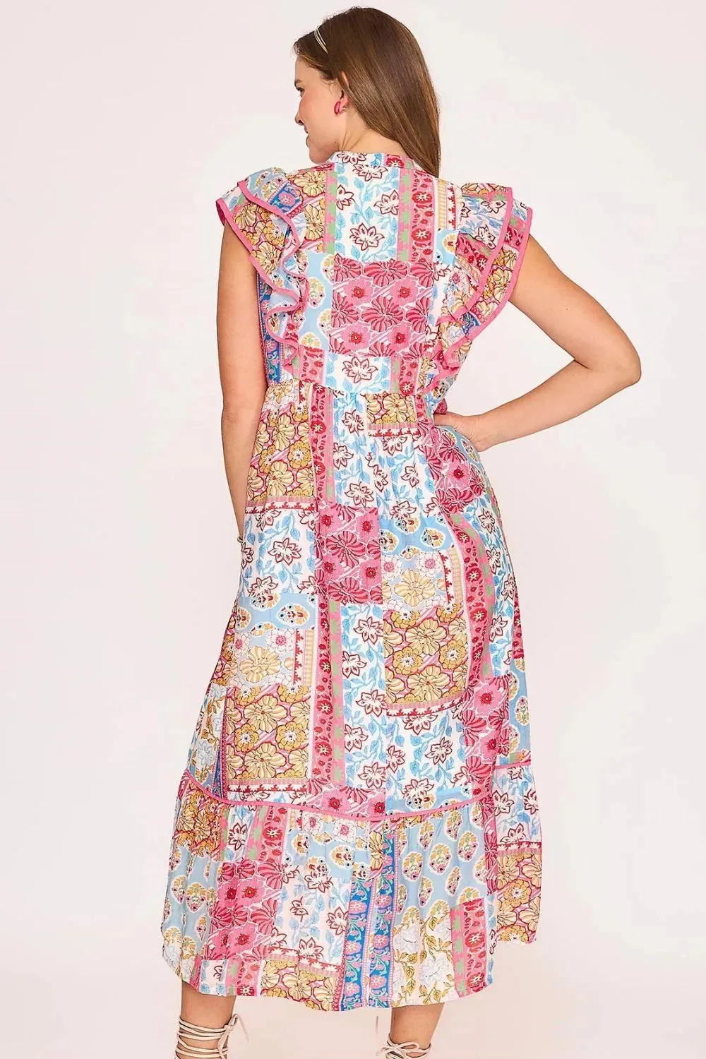 Full Size Tie Neck Double Layered Ruffle Sleeve Midi Dress Plus Size Available