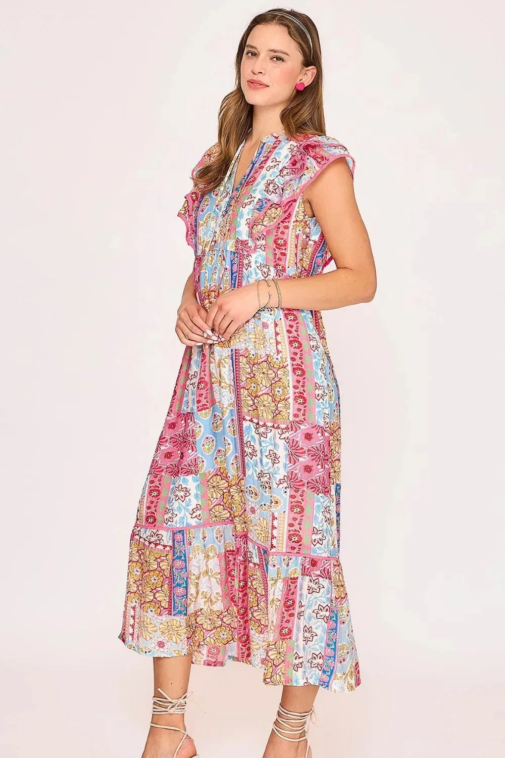 Full Size Tie Neck Double Layered Ruffle Sleeve Midi Dress Plus Size Available
