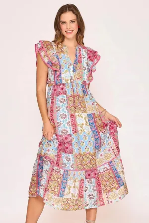 Full Size Tie Neck Double Layered Ruffle Sleeve Midi Dress Plus Size Available