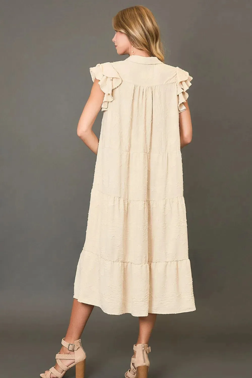 Full Size Tiered Floral Burnout Ruffle Sleeve Midi Dress Plus Size Available