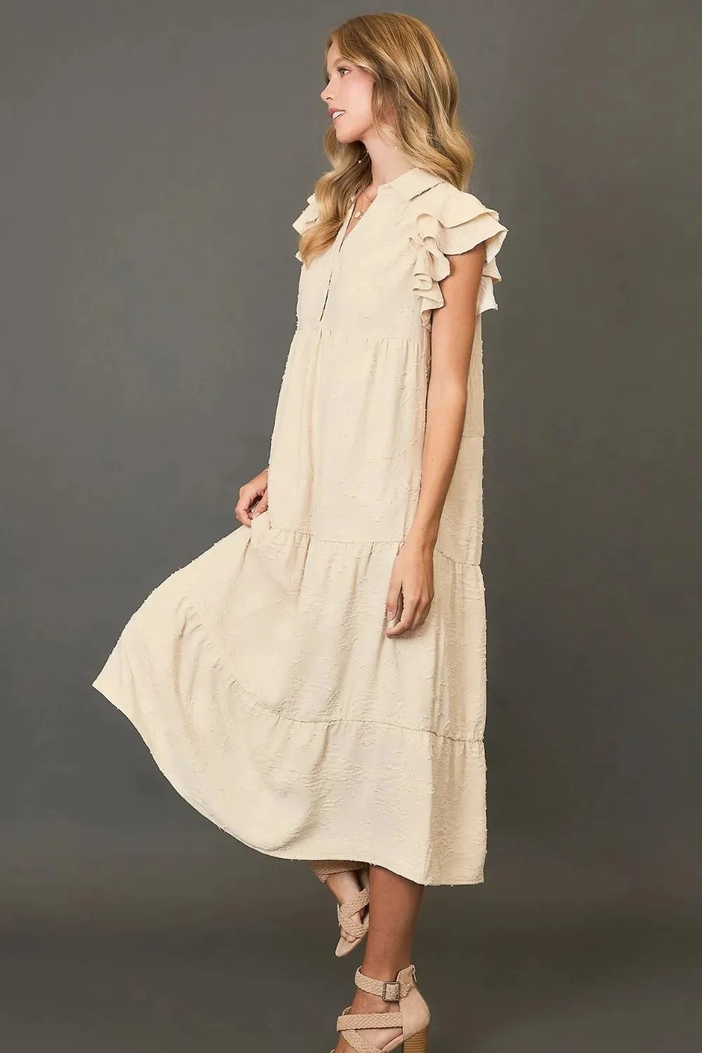 Full Size Tiered Floral Burnout Ruffle Sleeve Midi Dress Plus Size Available