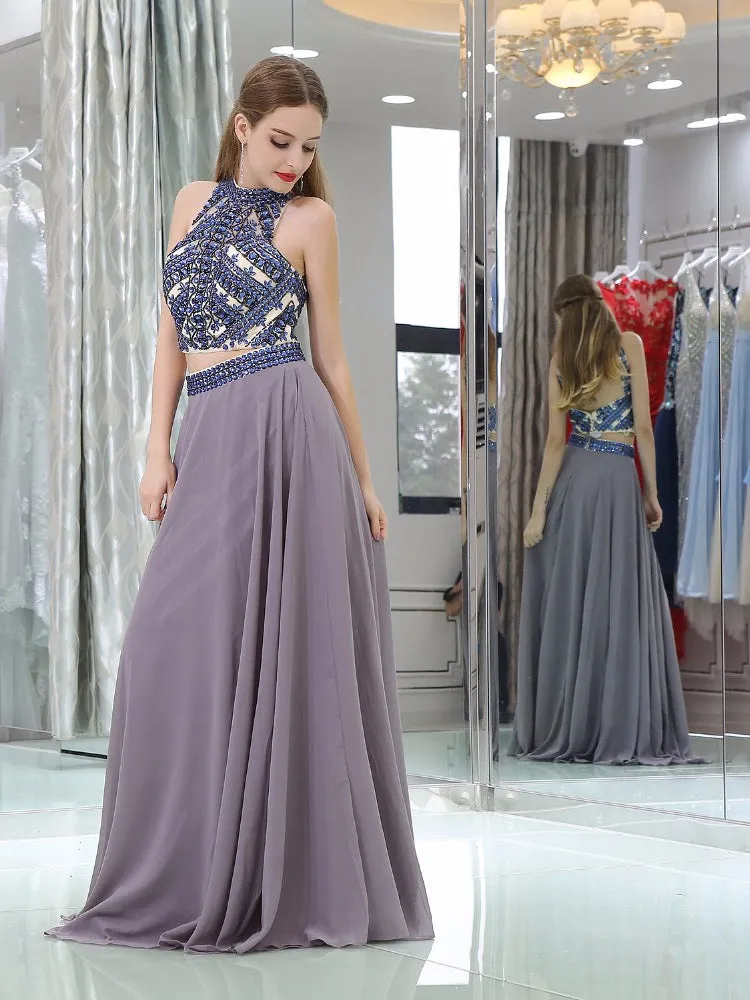 Gary Beading High Neck Two Piece Prom Dress