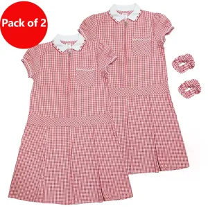 Girls Checked Red School Uniform Pleated Gingham Summer Dress Hair Bobble 4-11 Years