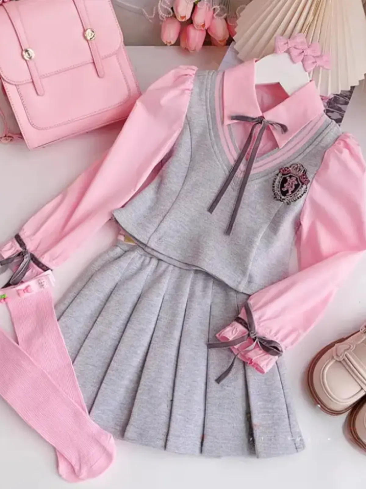 Girls' Preppy School Uniform Skirt Set