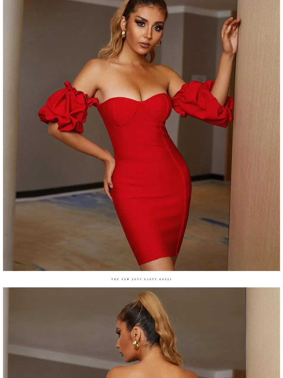 Glamaker Red Pleated Sexy Strapless Bodycon Backless Midi Dress