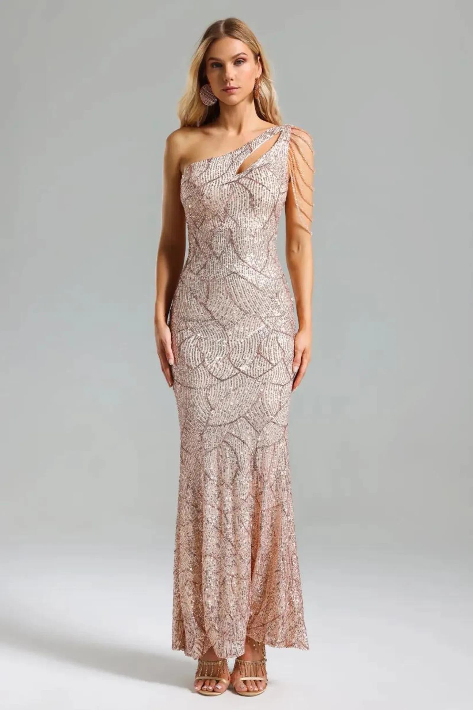 Glimmering One-Shoulder Maxi Dress-Miss Molly brand