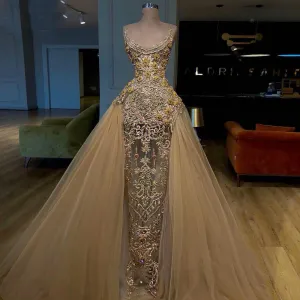 Gold Detachable Sequins Prom Dress, Sheath Fashion Lace Evening Dresses, 2025 Party Dresses, Custom Make Formal Dress