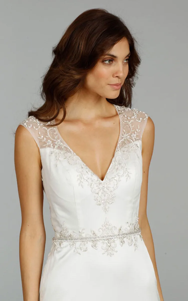 Gorgeous Cap Sleeve Charmeuse Dress With Beaded Embroidered Sheer Back - 702360