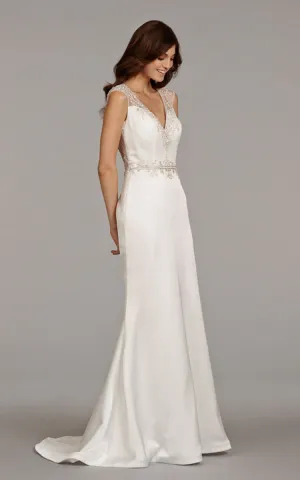 Gorgeous Cap Sleeve Charmeuse Dress With Beaded Embroidered Sheer Back - 702360