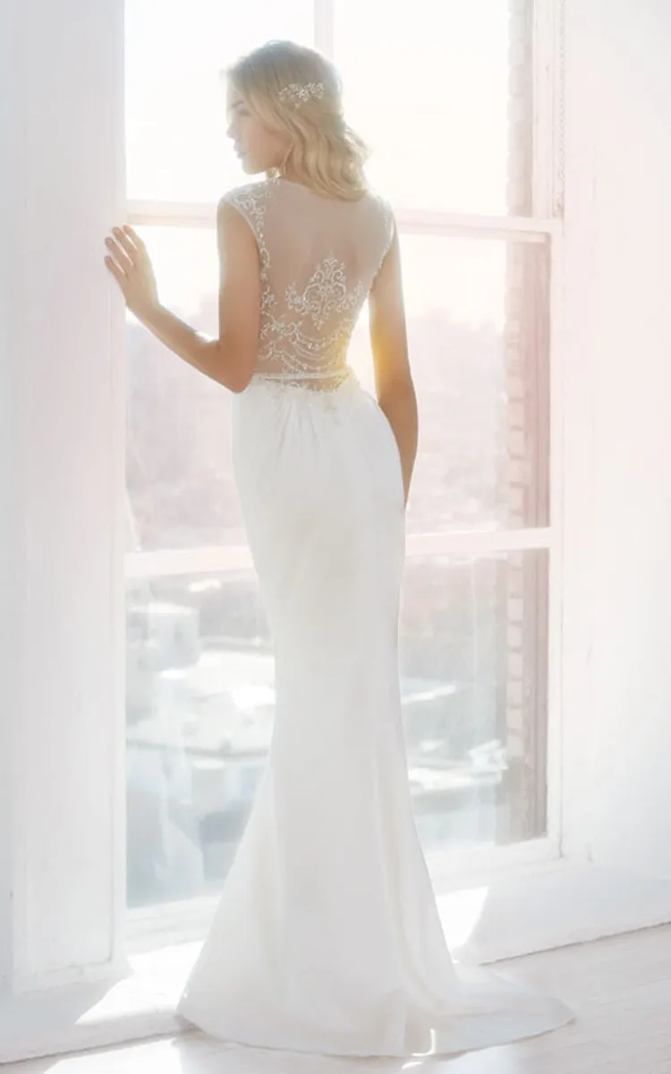 Gorgeous Cap Sleeve Charmeuse Dress With Beaded Embroidered Sheer Back - 702360