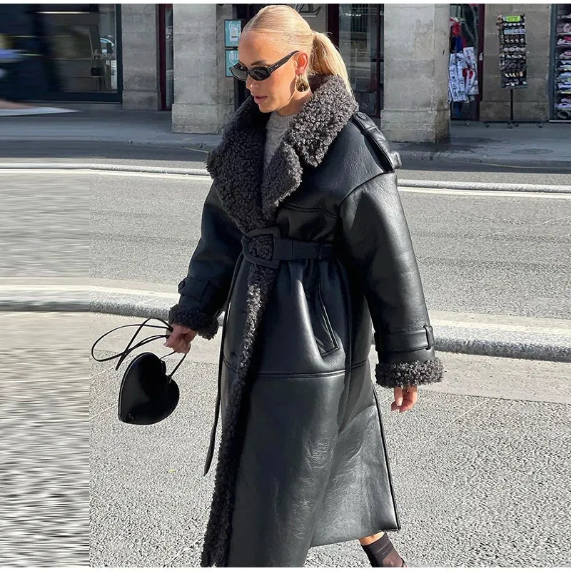 Grace - Leather Lamb Wool Coat with Belt