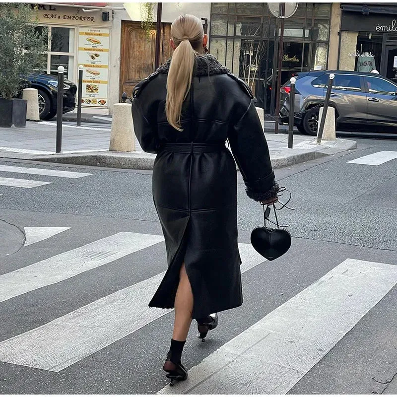 Grace - Leather Lamb Wool Coat with Belt