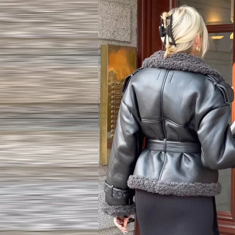 Grace - Leather Lamb Wool Coat with Belt