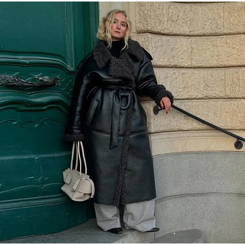 Grace - Leather Lamb Wool Coat with Belt