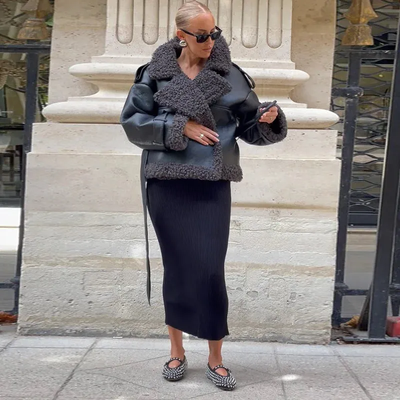 Grace - Leather Lamb Wool Coat with Belt