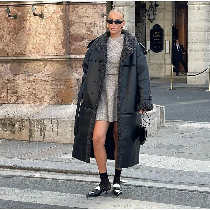 Grace - Leather Lamb Wool Coat with Belt