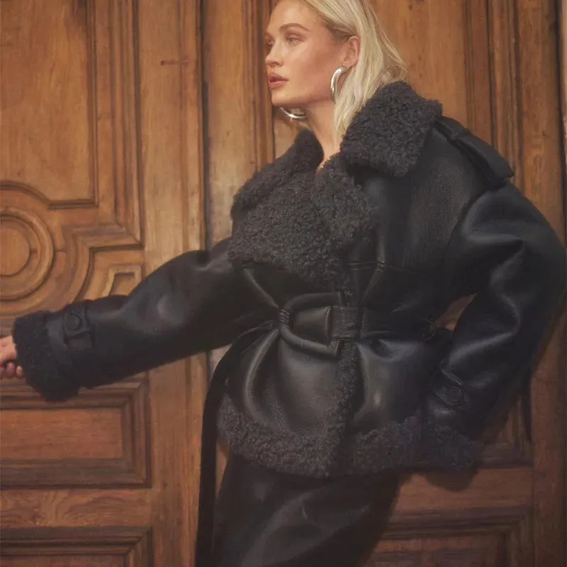 Grace - Leather Lamb Wool Coat with Belt