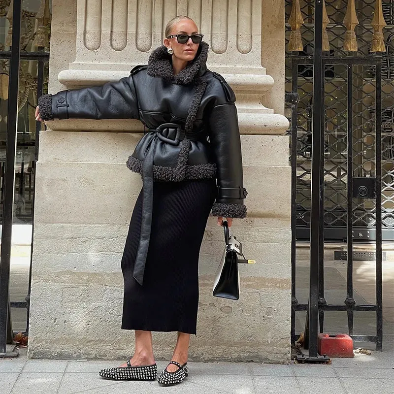 Grace - Leather Lamb Wool Coat with Belt